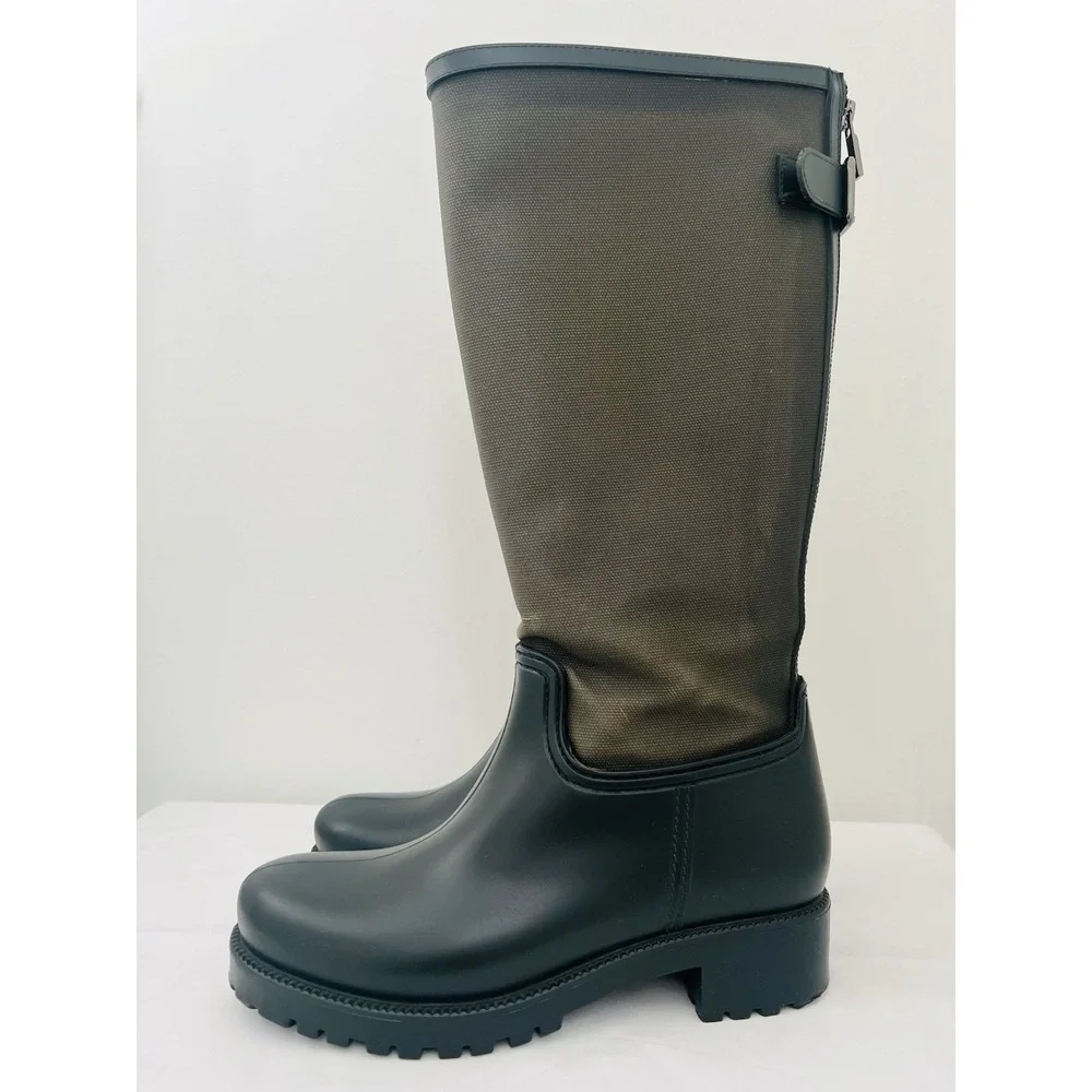 ALDO Tall Rain Snow Dark Green Zip Up Rounded Toe Rubber Canvas Boots Waterproof